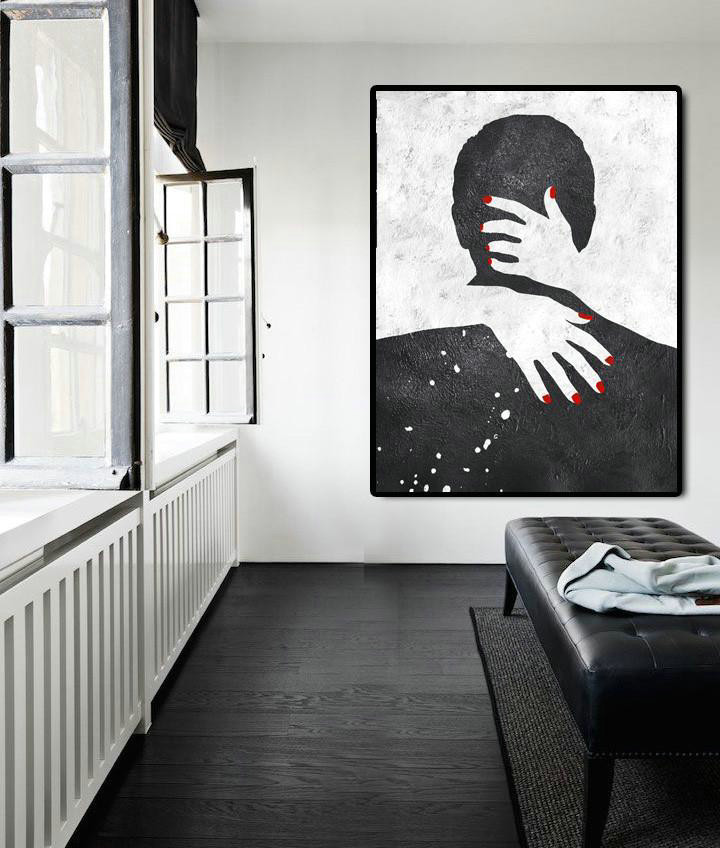 Handmade Large Contemporary Art,Black And White Minimal Painting On Canvas - Custom Canvas Wall Art